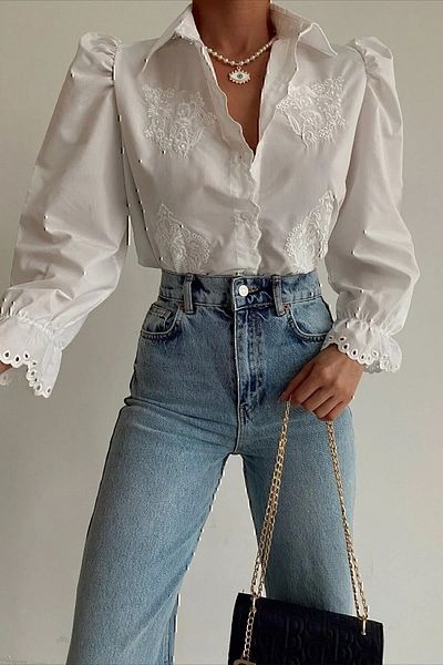 GOOD&DESS Λευκό Vintage Γυναικείο Πουκάμισο - Scallop Detailed