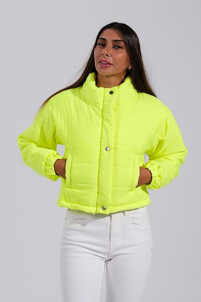 Markano Neon Green Zippered Stand Collar Short Puffer Jacket