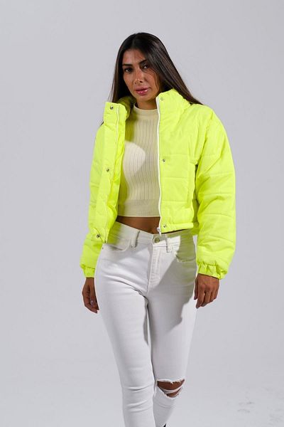 Markano Neon Green Zippered Stand Collar Short Puffer Jacket