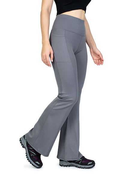 The Step Sports Jambiere de iarnă gri cu nervuri cu talie înaltă și buzunare - picior spaniol, fleece
