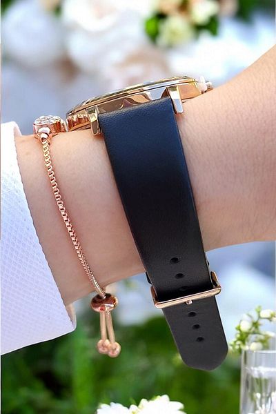 Daniel Klein Black Leather Women's Wristwatch and Bracelet Set with Stone Detail