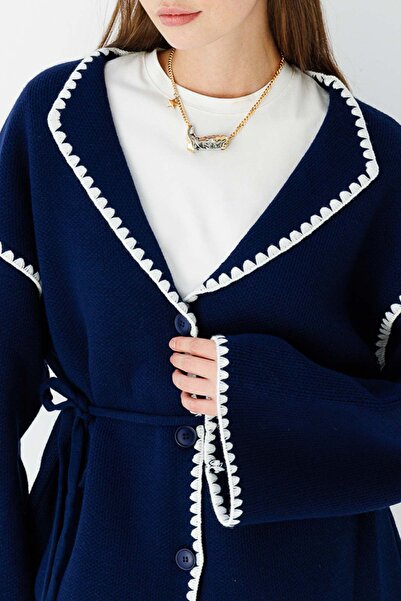 Hooopstore Navy Blue Piping Embroidered Cardigan