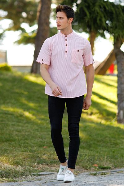 Modamihram Men's Striped Shirt - Pocket Detail, Pink 10793