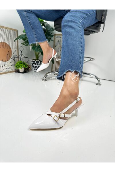 Nstil Casual Women's White Pointed Toe Adjustable Belt Detailed Classic Thin Heeled Shoes 922