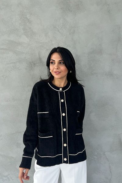 Seda Yalçın Atelier Glittery Ecru-Black Striped Cardigan with Pockets