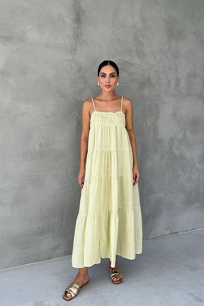 Seda Yalçın Atelier Green Striped Gipe Detailed Sardinia Strap Dress