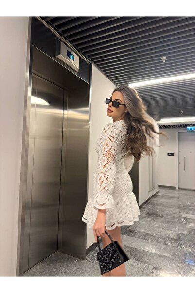 NSHIQ Kadın Beyaz İthal Dantel Kumaş Astar Detaylı Tasarım Elbise