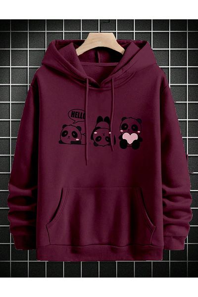 aynewmoda Бордо суитшърт с качулка Oversize - щампа с 3 сладки панди отпред