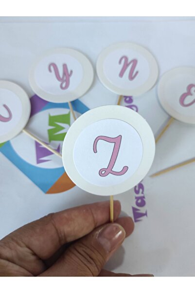 BEYHAN BAYHAN 10 Adet Pembe Harf Baskılı Yuvarlak Bayraklı Kürdan 6 Cm - Isim...