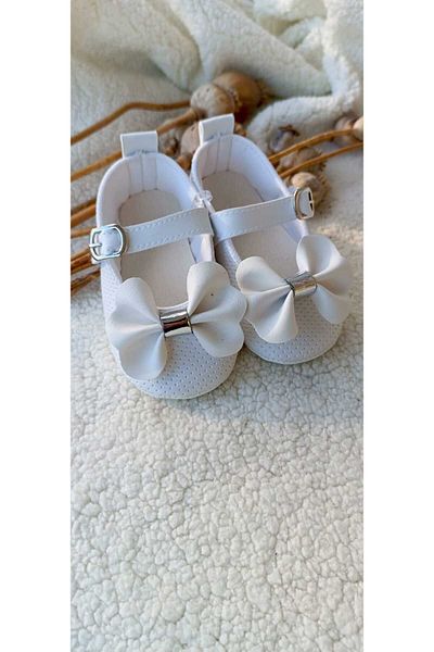 Modomood White Soft Sole Velcro Baby Girl Booties - 0-6 and 6-12 Months Compatible (18 No-19 No)