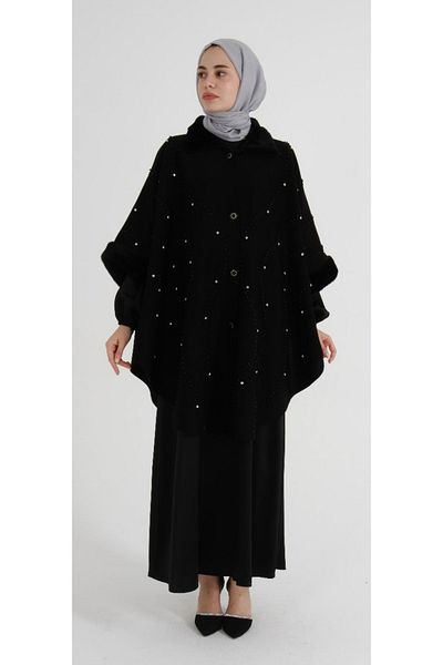 MODA MAÇKA PARK Knitwear Poncho - Design Abaya, Zircon Stone and Pearl Detail