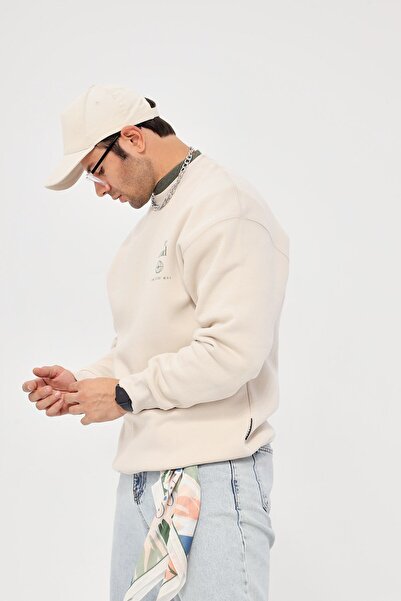 The Champ Clothing Bisiklet Yaka Içi Polar Move Ahead Yazı Baskılı Bej Oversize Hoodie Sweatshirt