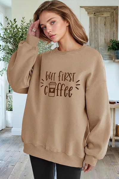 Millionaire Γυναικεία φούτερ Camel But First Coffee με στάμπα 0 Crew Neck Oversize Loose Loose Cut Fleece φούτερ