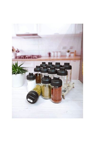 FırFır Store 300 ml Labeled Glass Set - 6 Spice Dispensers Set with Lockable Lids