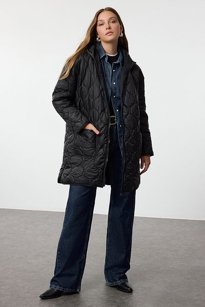 Trendyol Collection Oversize Hooded Black Quilted Coat - Twoaw25Mo00242
