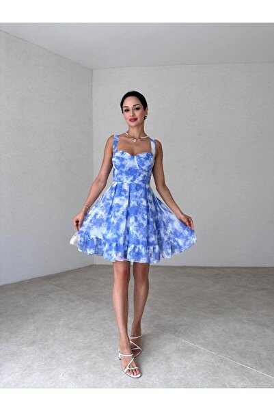 popibutik Gloplu Kalın Askılı Pile Etek Mini Şifon Mavi Elbise