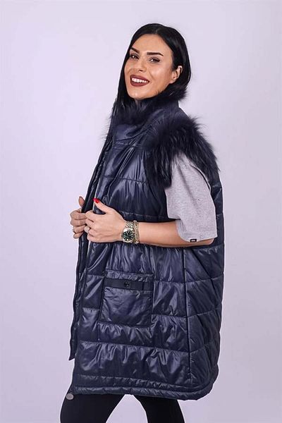 GÖKSEL Navy Blue Large Size Vest - Fur Detail