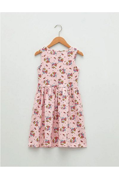 LC Waikiki Lcw Kids - Neon Pink Printed Girl's Dress, Crew Neck