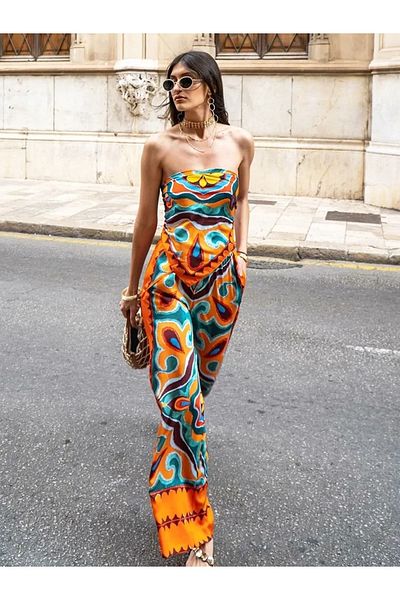 FASHION COCKTAIL Set pantaloni și top din satin portocaliu - Bretele cu imprimeu șal