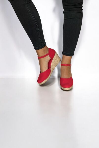 Y&D Shoes 7cm Wedge Heel Open Back Linen Sandals Red Espardil