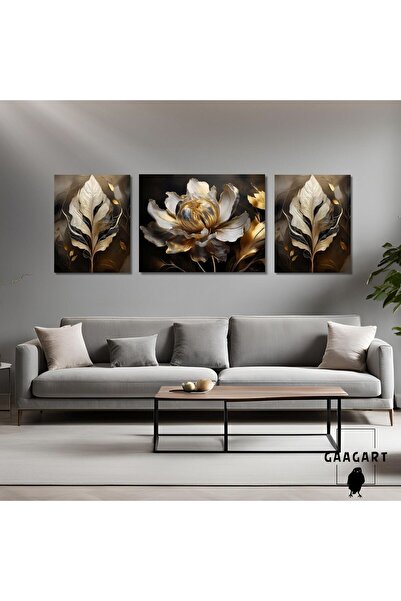 GAAGART 3lü Kanvas Şık Salon Duvar Tablosu Gold Gri Çiçek Tasarımı