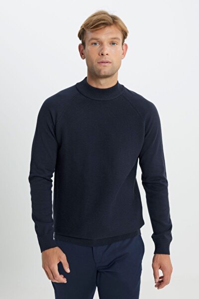 ALTINYILDIZ CLASSICS Navy Blue Patterned Cotton Knitwear Sweater - Half Turtleneck, Standard Fit