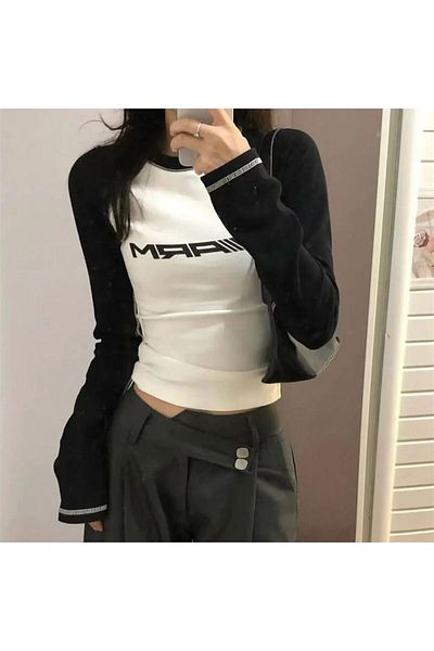 Köstebek Racing Arm - White Raglan Sleeve Long Sleeve Crop Top