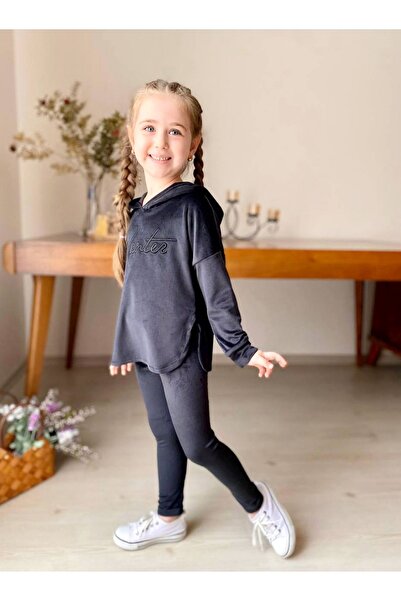 eladamoda طقم بناتي مكون من قطعتين من القطيفة الفرنسية باللون الأسود