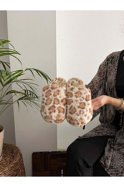 Behtah Kundura Γυναικείες παντόφλες σπιτιού με χνουδωτό σχέδιο λεοπάρ - Αθόρυβη σόλα και γούνινες παντόφλες