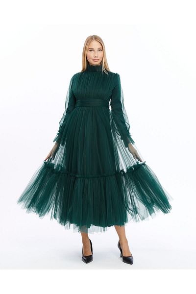 Asees Emerald Imagine Tulle Gathered Λεπτομερές βραδινό φόρεμα Hijab - Γυναικείο βραδινό φόρεμα αποφοίτησης