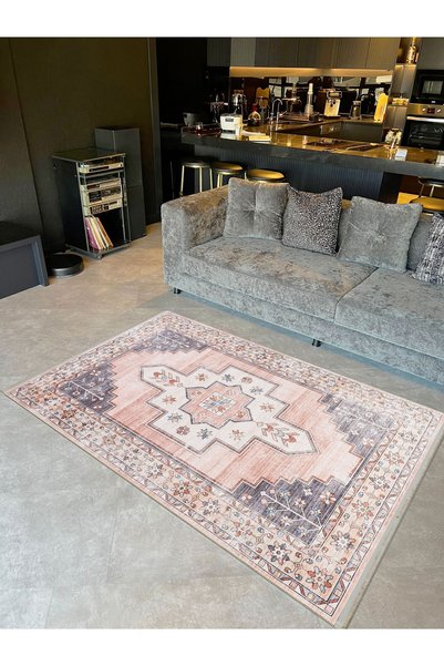 Rugs Modern Halı Συλλογή İnci: Γκρι-ροζ υφαντό χαλί με έθνικ μοτίβο και επίπε...