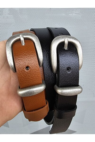 Kemerix Black-Tan 2-Piece Belt Set - 100% Genuine Leather, Tin Coating and Buckle Detailed