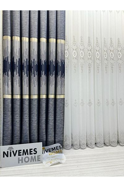 NİVEMESHOME Nivemeshome Amasra V-502 Blue 1/3 Close Pleated Curtain Apm - Background