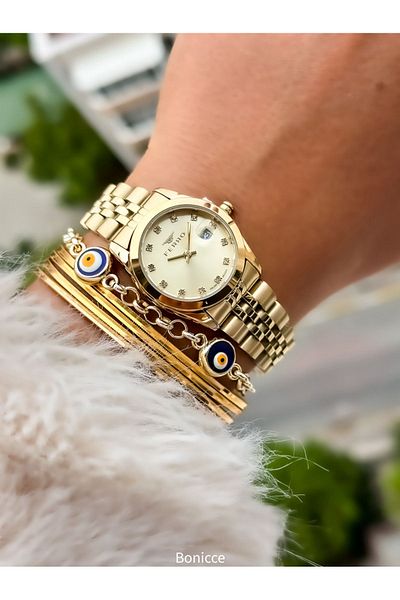 FERRO Brand Steel Cord, Yellow Color, Small Case Women's Wrist Watch + Evil Eye Beaded Bracelet