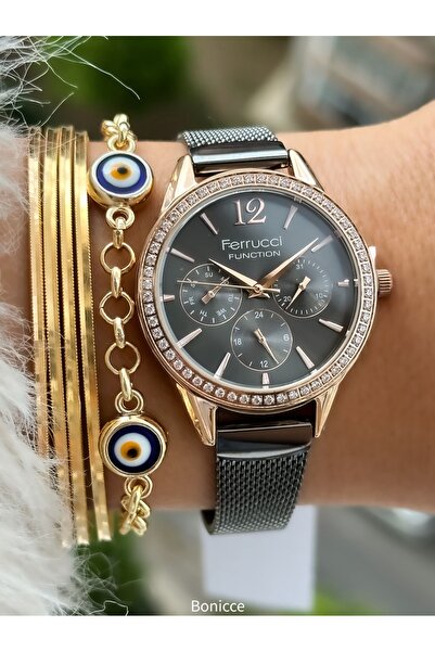 Ferrucci Marka Çelik Kordon Füme Renk Kadın Kol Saati+Nazar Boncuklu Bileklik