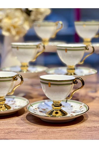 ACAR Turkish Coffee Cup Set with 6 Arlen Flower Plates and Green Gold Feet