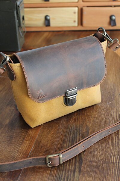 Craftelier Mini Tote Çanta- Mumlu Kanvas Hakiki Deri - Hardal