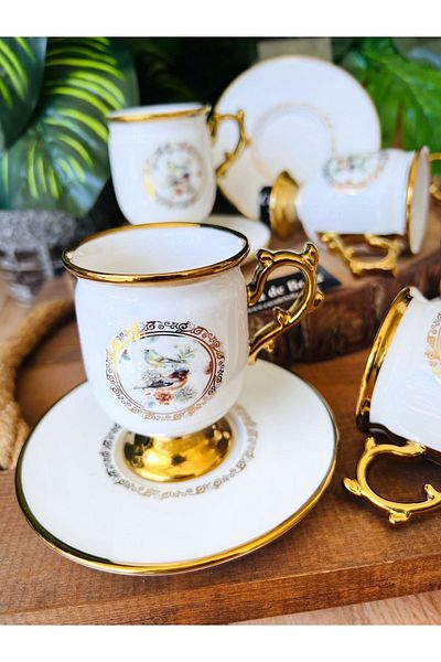 CASA DE BELLA Desire Footed White Gilded 6-Person Coffee Cup with Birds