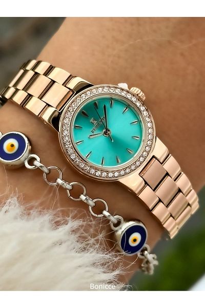 Reward New Model Turquoise Dial Steel Cord Mini Jewelled Women's Wrist Watch and Evil Eye Beaded Bracelet