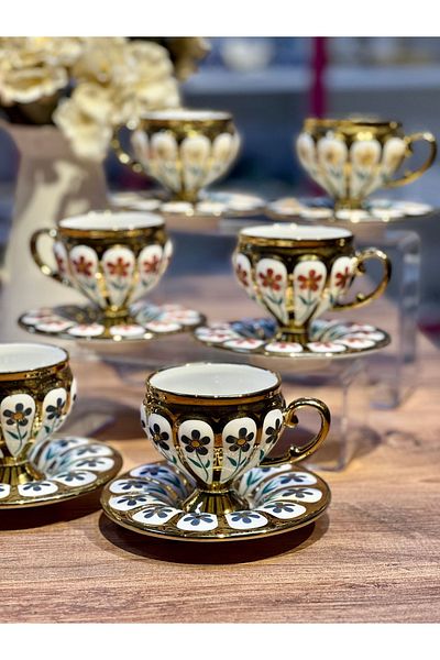 ACAR 6-Piece Luxury Turkish Coffee Cup Set with Oscar Flowers and Gold Legs