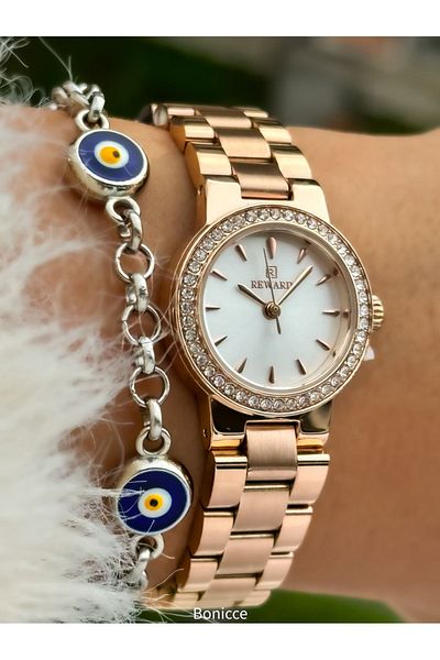 Reward New Model Rose Color Steel Cord Small Mini Case Stoned Women's Wristwatch + Nazar Beaded Bracelet