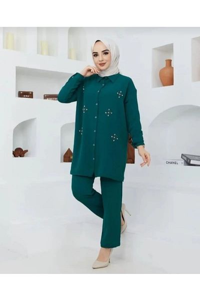 ECK MODA Women's Green Stone Embroidered Linen Fabric Top and Bottom Set