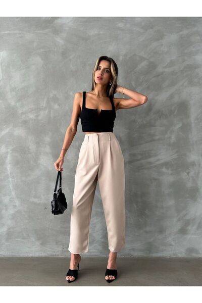 Pienk Yüksek Bel Piliseli Kadın Kumaş Pantolon
