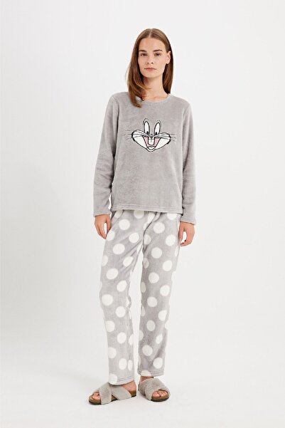 DeFacto Looney Tunes Plush Pajamas Set - Crew Neck, Long Sleeve, Top Pattern Bottom