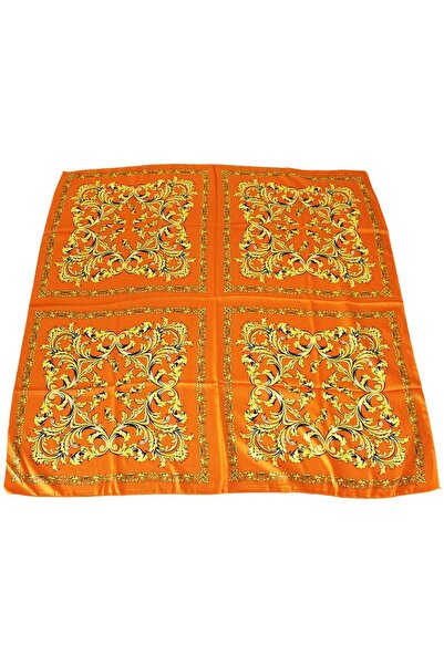 TikiTonki Etnik Çiçek Desenli Turuncu Saten Eşarp - 90x90