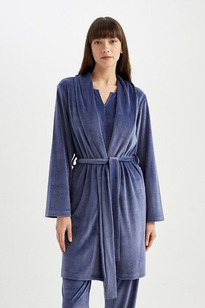 DeFacto Be in Love Wrap Collar Velur Dressing Gown - Long Sleeve C5434Ax24Au