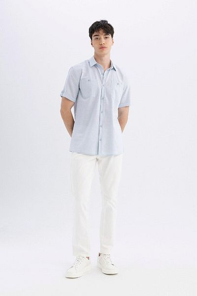 DeFacto Cămașă cu mânecă scurtă, cu guler polo, slim fit, cu aspect de in, N9073az24sm