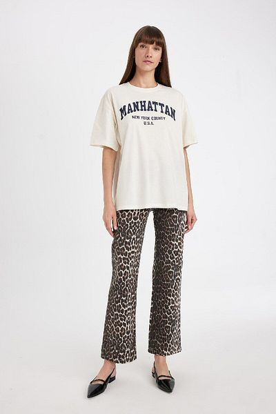 DeFacto Leopard Patterned Long Gabardine Trousers with High Waist Pockets - D1229Ax24Au