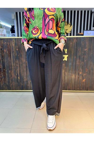GÖKSEL Black Linen Plus Size Trousers
