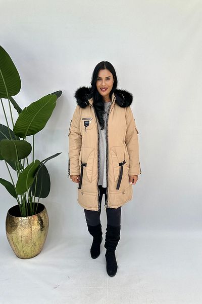 GÖKSEL Stone Colored Plus Size Sprit Fur Coat